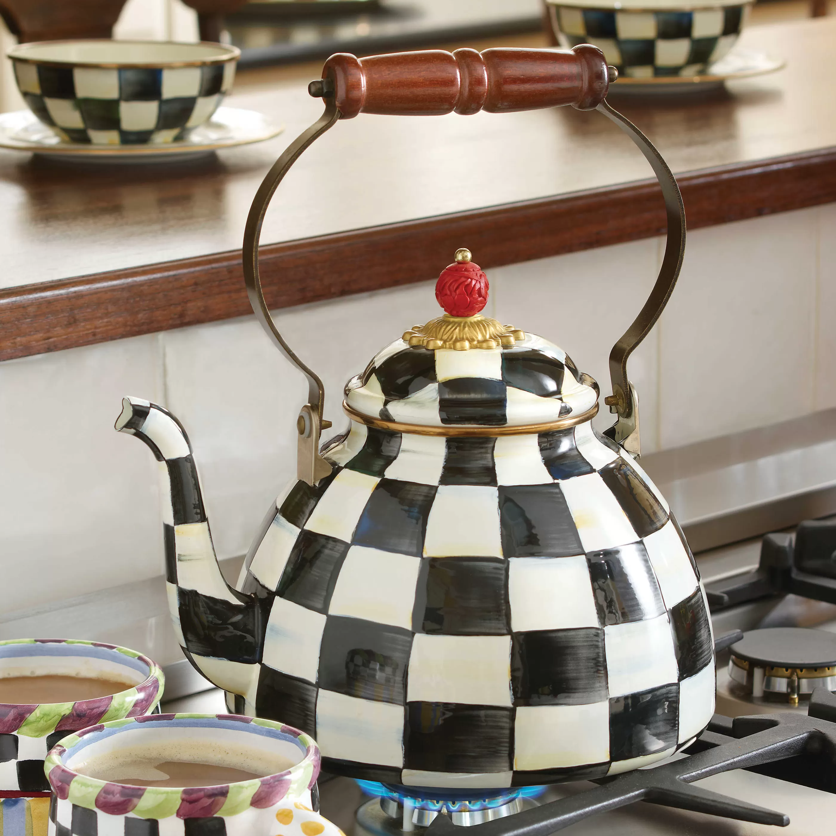 Tea Kettles>MacKenzie-Childs Courtly Check Enamel Tea Kettle - 3 Quart