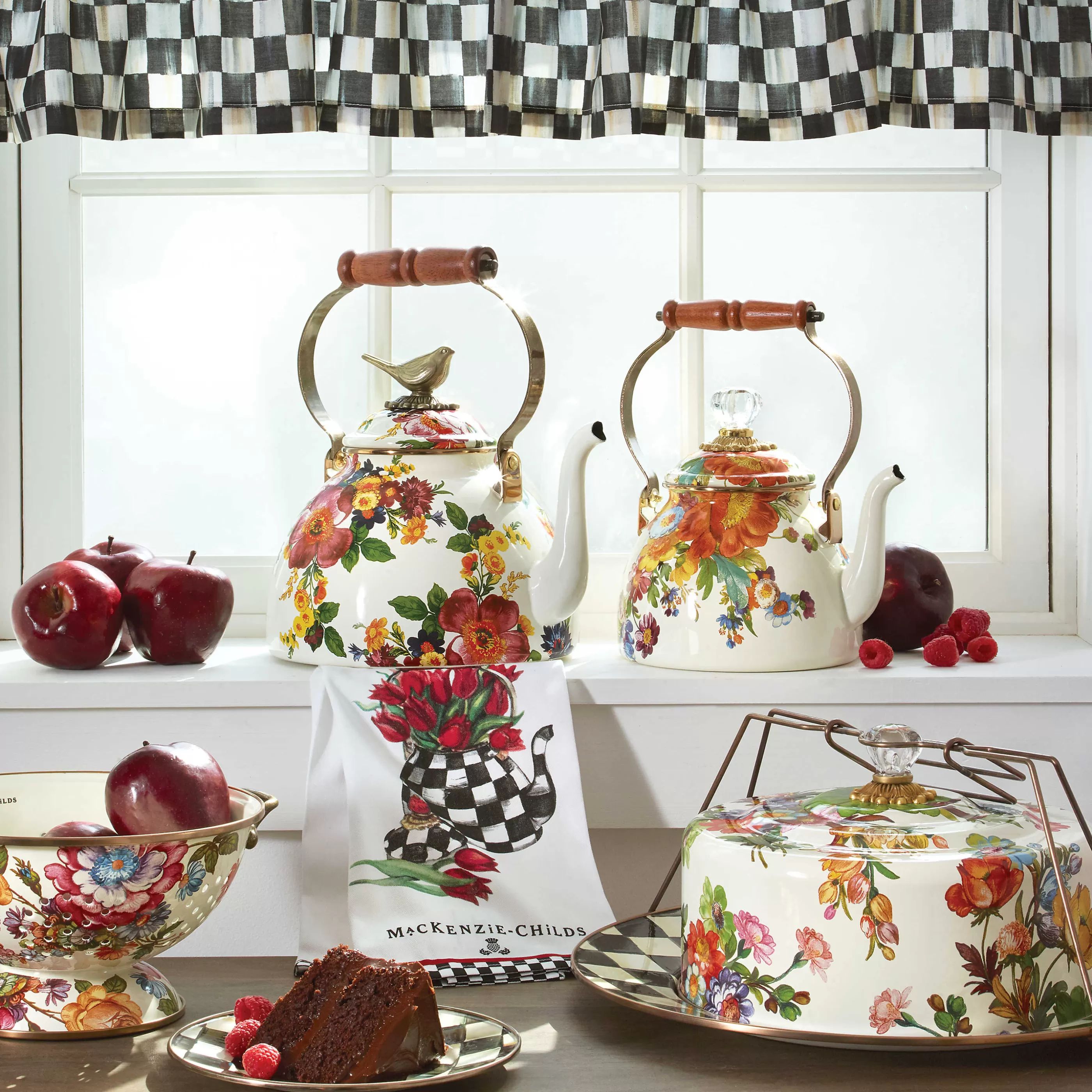 Tea Kettles>MacKenzie-Childs Flower Market 2 Quart Tea Kettle - White