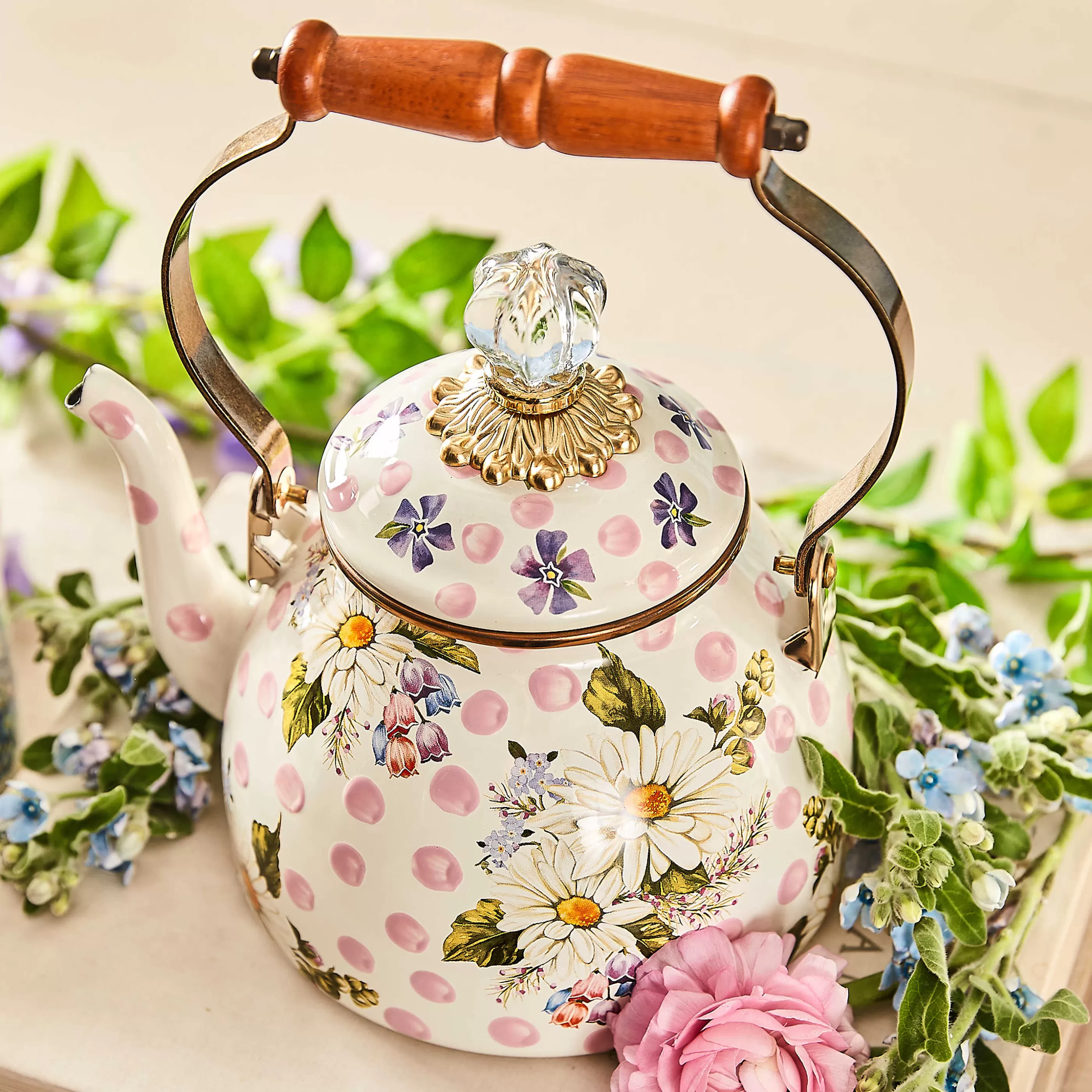 Tea Kettles>MacKenzie-Childs Wildflowers Enamel 2 Qt Tea Kettle - Pink