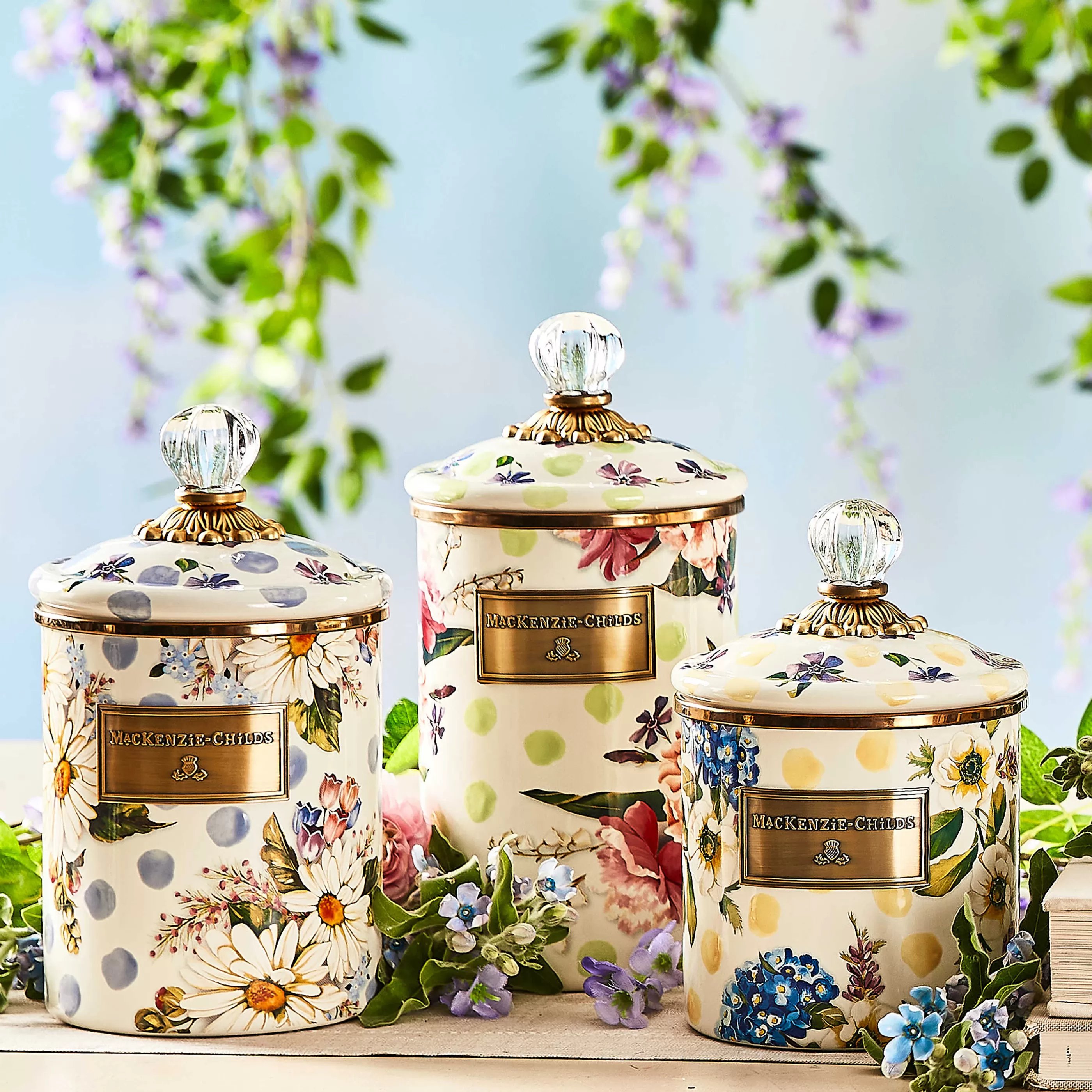 Kitchen Storage & Organization>MacKenzie-Childs Wildflowers Enamel Medium Canister - Blue